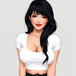 A feminine woman with dimples, black hair styled with a fringe falling over her eyes, wearing a white top