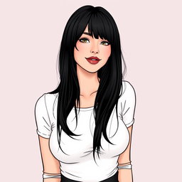 A feminine woman with dimples, black hair styled with a fringe falling over her eyes, wearing a white top