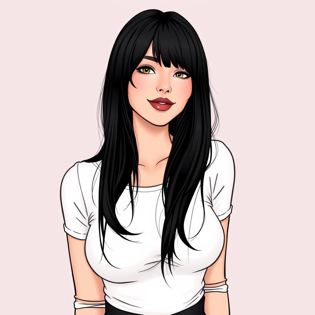 A feminine woman with dimples, black hair styled with a fringe falling over her eyes, wearing a white top