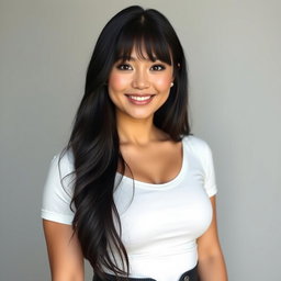 A feminine woman with dimples, black hair styled with a fringe that falls in front of her eyes, wearing a white top