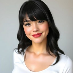 A feminine woman with dimples, black hair styled with a fringe that falls in front of her eyes, wearing a white top