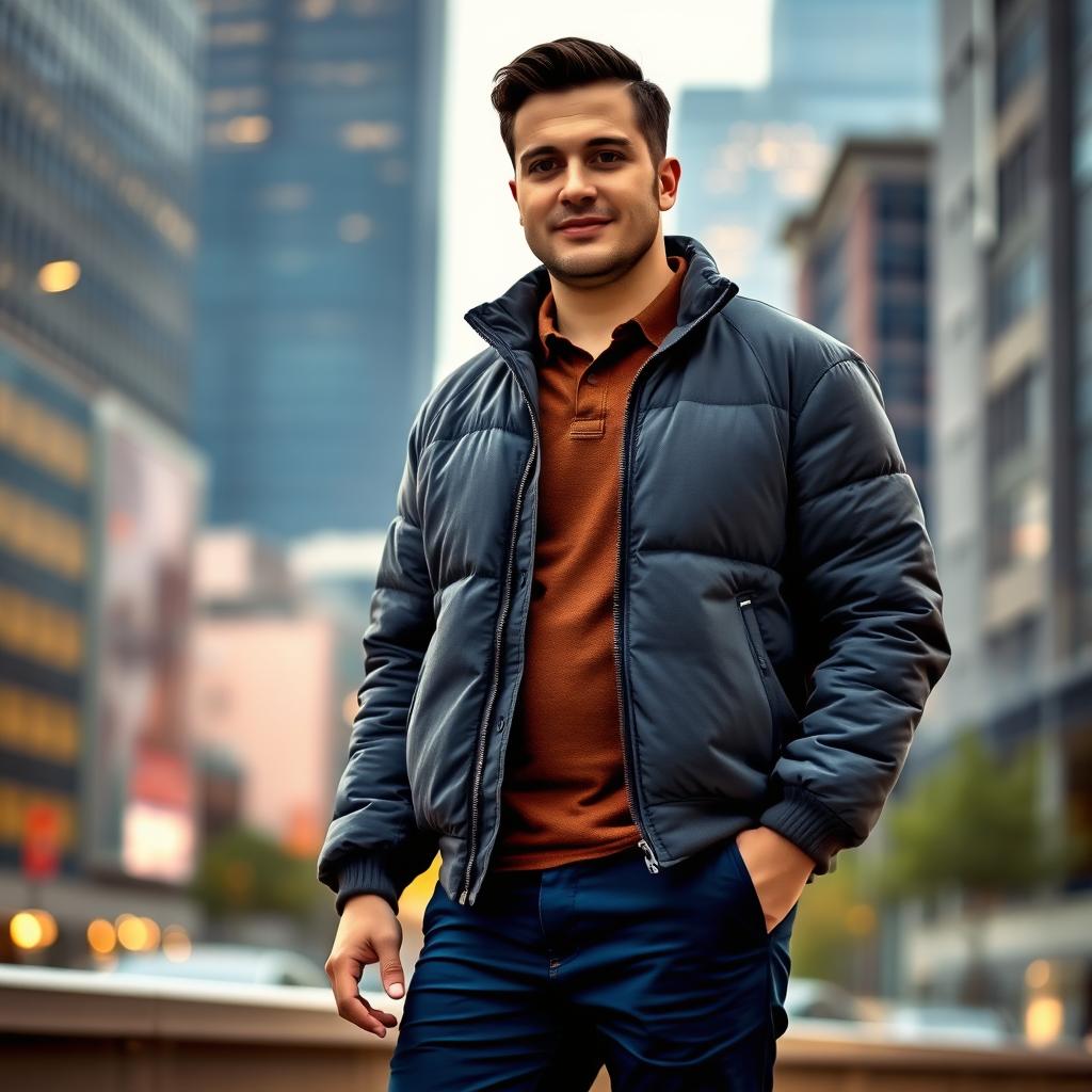 A 75kg man standing confidently in an urban setting, wearing a comfortable brown polo shirt underneath a stylish dark gray semi-puffer jacket