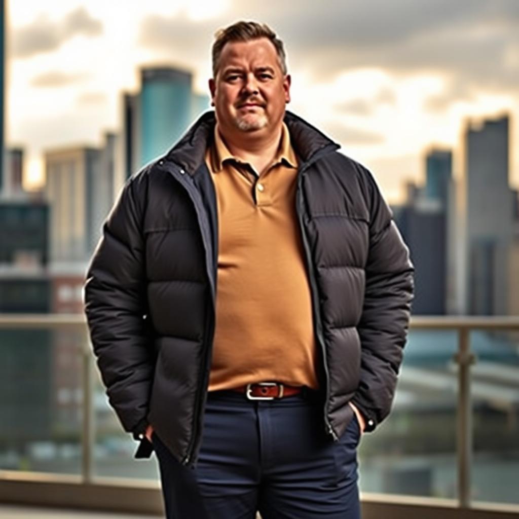 A 75kg man standing confidently in an urban setting, wearing a light brown polo shirt underneath a stylish dark gray semi-puffer jacket