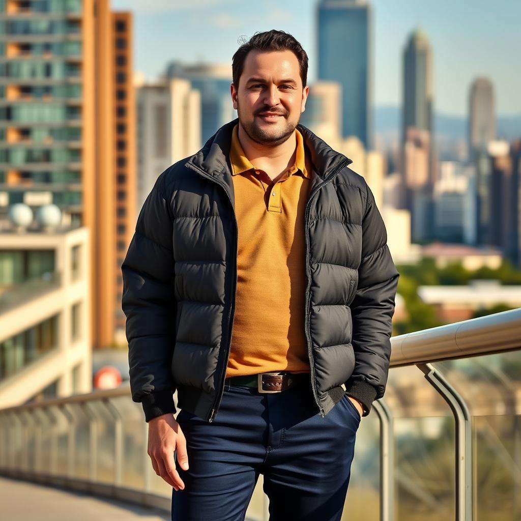 A 70kg man standing casually in an urban setting, wearing a light brown polo shirt beneath a stylish dark gray semi-puffer jacket