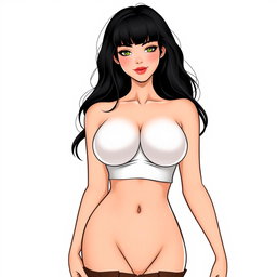 A feminine woman's body with dimples, black hair, generous breasts, neither overweight nor skinny, with a slightly plump heart-shaped mouth, wearing a white top, smiling with closed lips