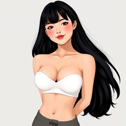 A feminine woman's body with dimples, black hair, generous breasts, neither overweight nor skinny, with a slightly plump heart-shaped mouth, wearing a white top, smiling with closed lips