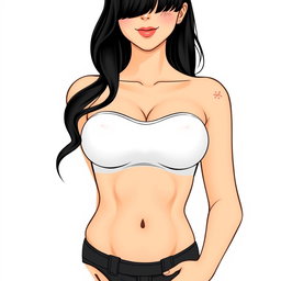 A feminine woman's body with dimples, black hair, generous breasts, neither overweight nor skinny, with a slightly plump heart-shaped mouth, wearing a white top, smiling with closed lips