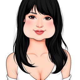 A feminine woman's body with dimples, black hair, generous breasts, neither overweight nor skinny, with a slightly plump heart-shaped mouth, wearing a white top, smiling with closed lips