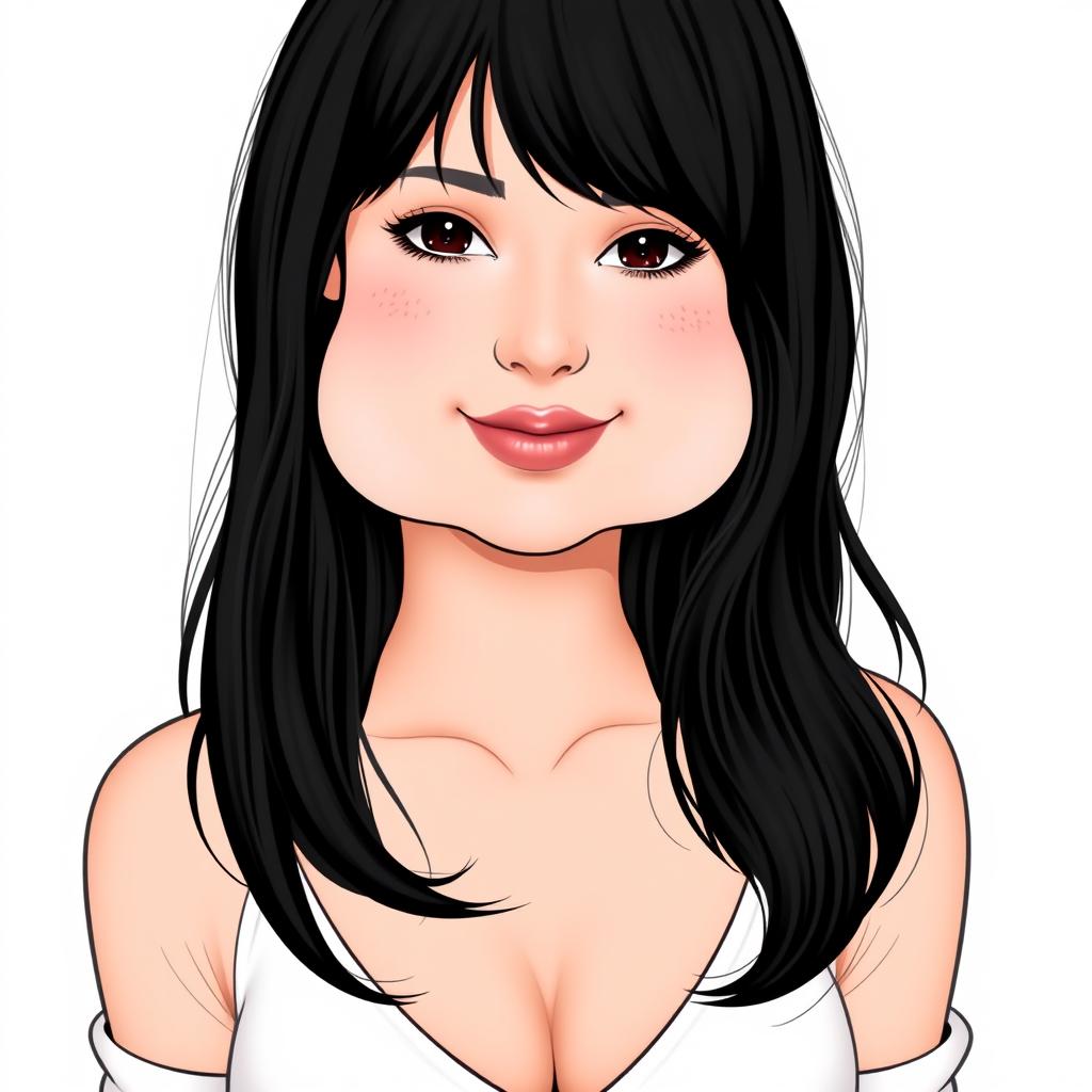 A feminine woman's body with dimples, black hair, generous breasts, neither overweight nor skinny, with a slightly plump heart-shaped mouth, wearing a white top, smiling with closed lips