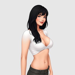 A feminine woman's body with dimples, black hair, generous breasts, neither overweight nor skinny, with a slightly plump heart-shaped mouth, wearing a white top, smiling with closed lips