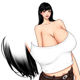 A feminine woman's body with dimples, black hair, generous breasts, neither overweight nor skinny, with a slightly plump heart-shaped mouth, wearing a white top, smiling with closed lips