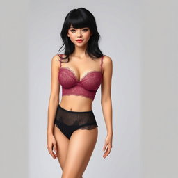 A feminine woman with a slightly drooping 90D bust, slender legs, wearing lace and a crop top