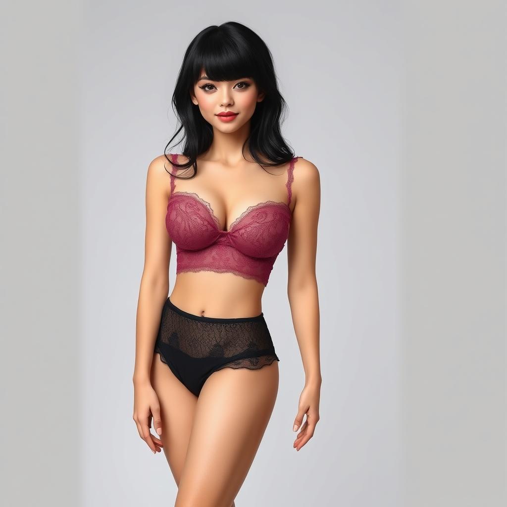 A feminine woman with a slightly drooping 90D bust, slender legs, wearing lace and a crop top
