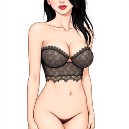 A feminine woman with a slightly drooping 90D bust, slender legs, wearing lace and a crop top