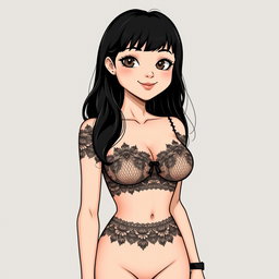 A feminine woman with a slightly drooping 90D bust, slender legs, wearing lace and a crop top