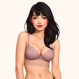 A feminine woman with a slightly drooping 90D bust, slender legs, wearing lace and a crop top