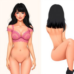 A feminine woman with a slightly drooping 90D bust, slender legs, wearing lace and a crop top