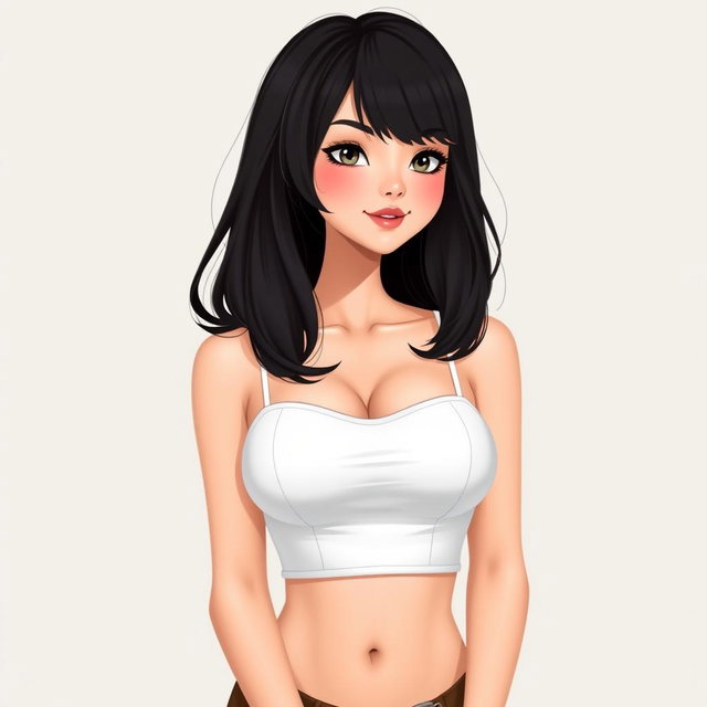 A feminine woman with a slightly drooping 90D bust, slender legs, wearing a white bustier top with straps