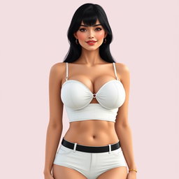 A feminine woman with a slightly drooping 90D bust, slender legs, wearing a white bustier top with straps