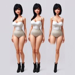 A feminine woman with a slightly drooping 90D bust, slender legs, wearing a white bustier top with straps