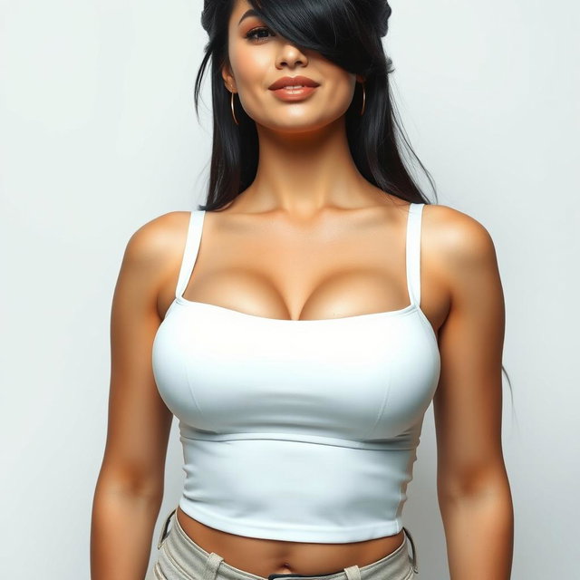 A realistic image of a woman’s body with slightly drooping 90D breasts, wearing a white bustier with straps, feminine features, dimples, and black hair