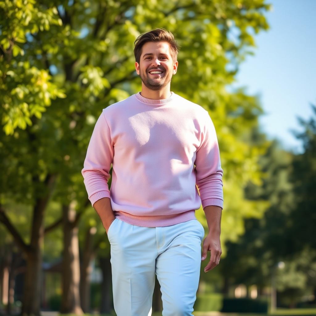 A 75kg man casually strolling through a bright, sunny park, wearing a light pink pullover that adds a soft touch to his look