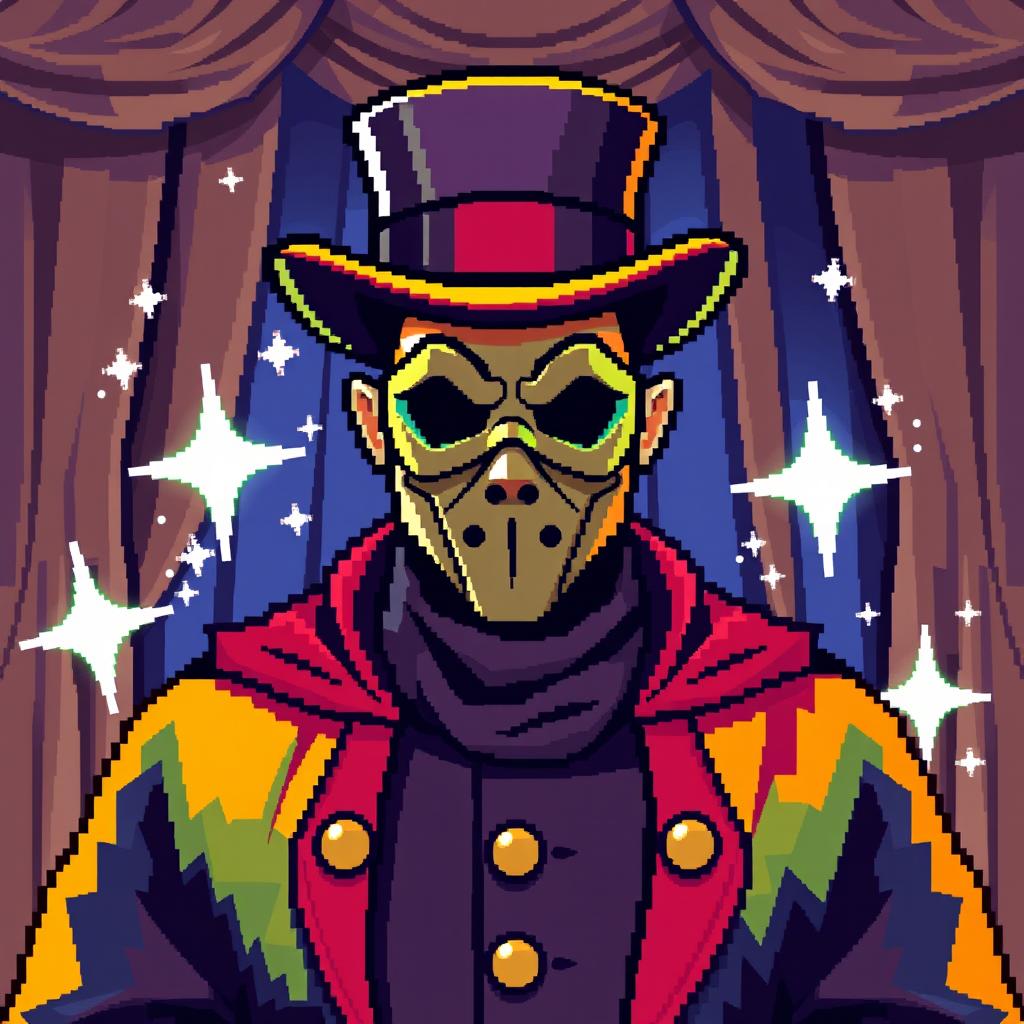 A pixel art representation of a magician man, featuring him wearing a stylish mask that covers his face