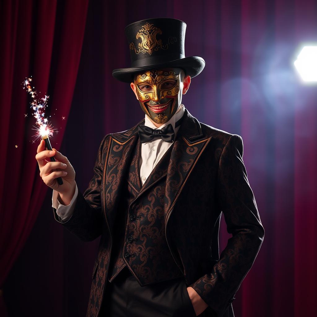 A mysterious magician man standing confidently, adorned in a stylish, elaborate costume with intricate patterns