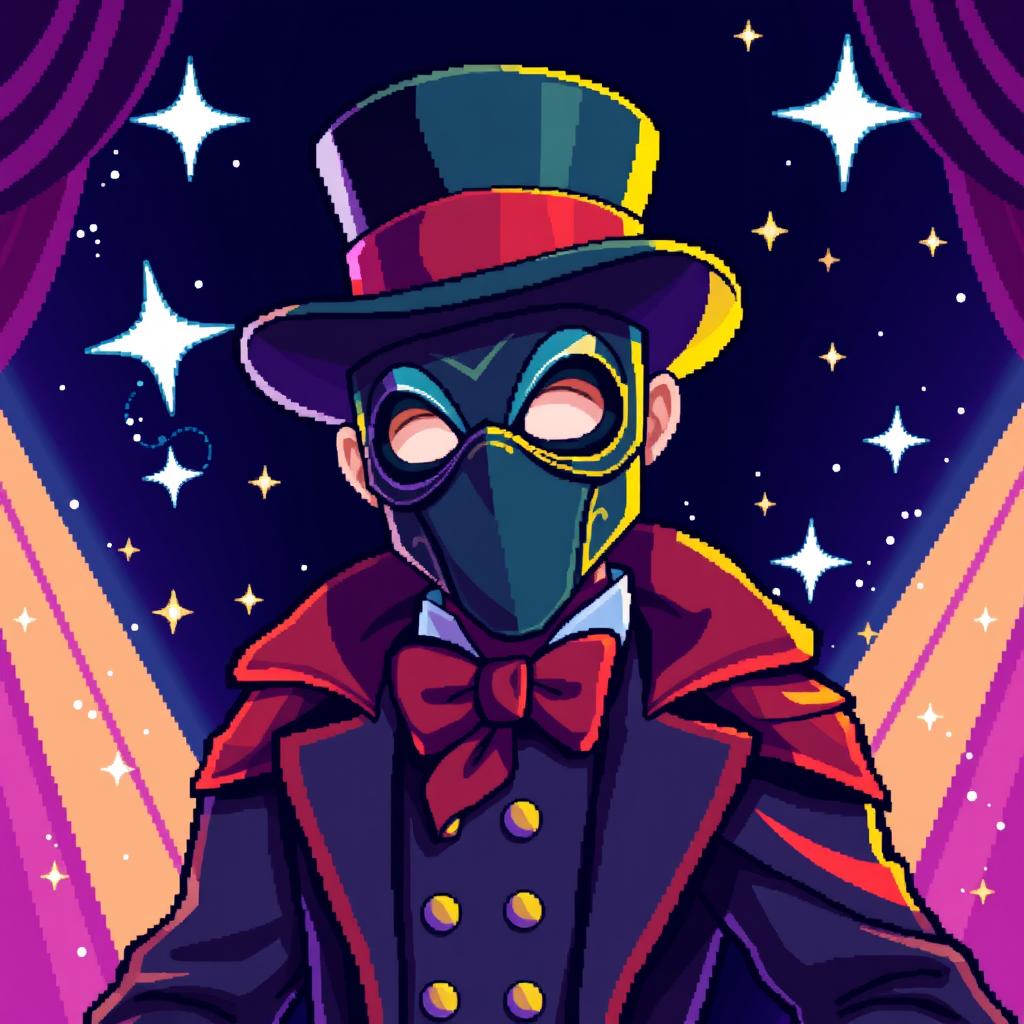 A colorful pixel art character of a magician man wearing a stylish mask that covers his face, adorned in a classic magician's outfit complete with a top hat and a flowing cape