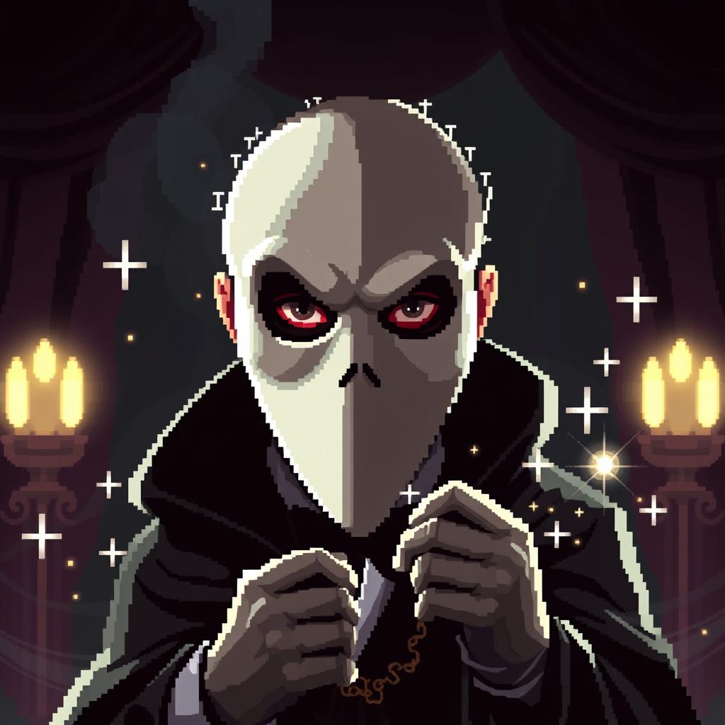 A pixel art style depiction of a Magician Man wearing a mask that covers half of his face, inspired by the Phantom of the Opera