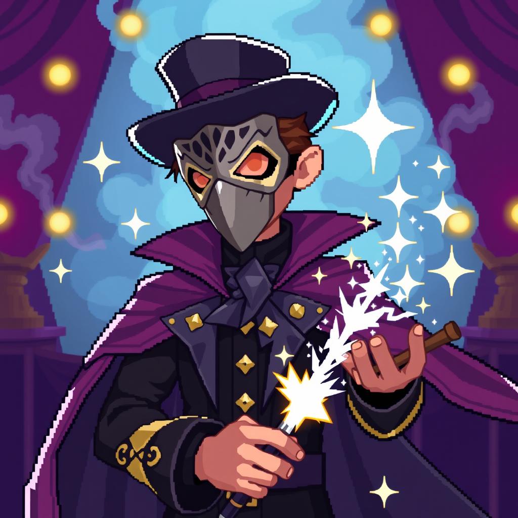 A pixel art representation of a mysterious Magician Man, wearing a stylish mask that covers half of his face