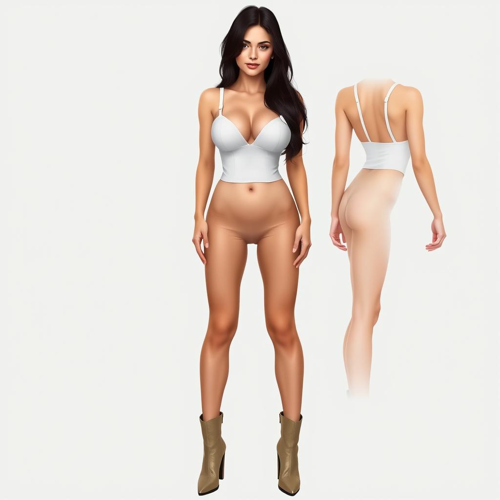 A realistic image of a woman's body from head to toe, featuring slightly drooping 90D breasts, long legs, and a white bustier with straps