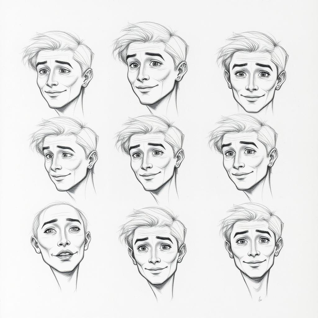 A series of pencil sketches showcasing different angles and expressions of a person's face