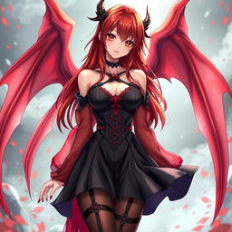 A sexy redhead waifu character in a stunning anime style, showcasing elegant wings while dressed in an eye-catching black shoulderless revealing outfit