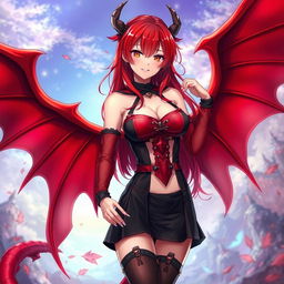 A sexy redhead waifu character in a stunning anime style, showcasing elegant wings while dressed in an eye-catching black shoulderless revealing outfit