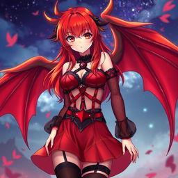 A sexy redhead waifu character in a stunning anime style, showcasing elegant wings while dressed in an eye-catching black shoulderless revealing outfit