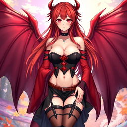 A sexy redhead waifu character in a stunning anime style, showcasing elegant wings while dressed in an eye-catching black shoulderless revealing outfit