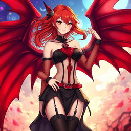 A sexy redhead waifu character in a captivating anime style, featuring stunning wings and adorned in a black shoulderless revealing outfit