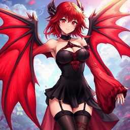 A sexy redhead waifu character in a captivating anime style, featuring stunning wings and adorned in a black shoulderless revealing outfit