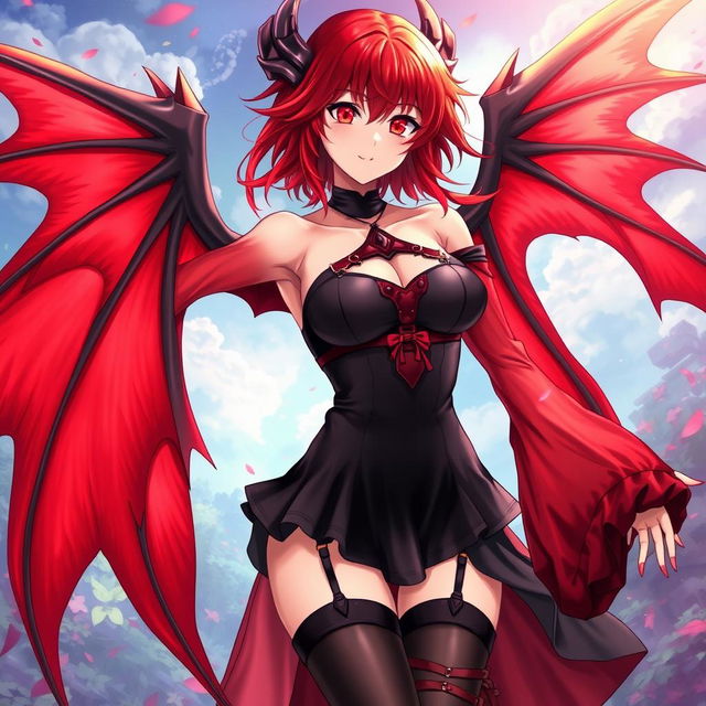 A sexy redhead waifu character in a captivating anime style, featuring stunning wings and adorned in a black shoulderless revealing outfit