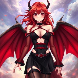 A sexy redhead waifu character in a captivating anime style, featuring stunning wings and adorned in a black shoulderless revealing outfit