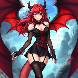 A sexy redhead waifu character in a captivating anime style, featuring stunning wings and adorned in a black shoulderless revealing outfit