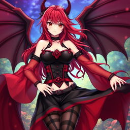 A sexy redhead waifu character in a captivating anime style, featuring stunning wings while adorned in a bold black shoulderless revealing outfit