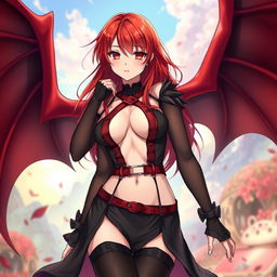 A sexy redhead waifu character in a captivating anime style, featuring stunning wings while adorned in a bold black shoulderless revealing outfit