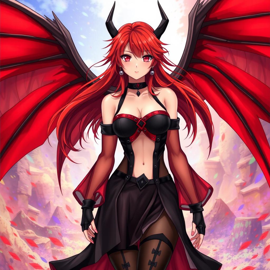 A sexy redhead waifu character in a captivating anime style, featuring stunning wings while adorned in a bold black shoulderless revealing outfit