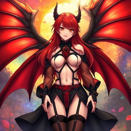 A sexy redhead waifu character in a captivating anime style, featuring stunning wings while adorned in a bold black shoulderless revealing outfit