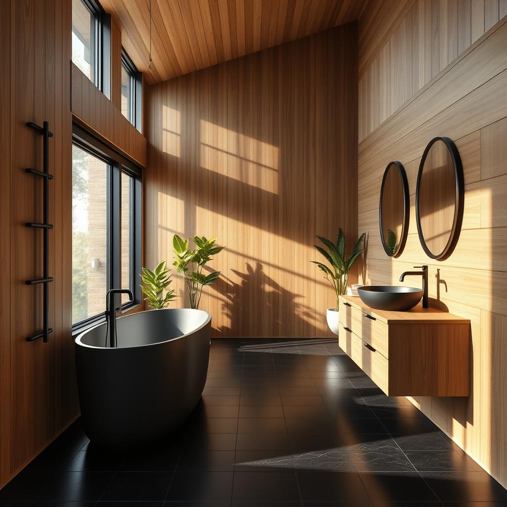 A modern styled bathroom featuring sleek design with a harmonious blend of wooden elements and black accents