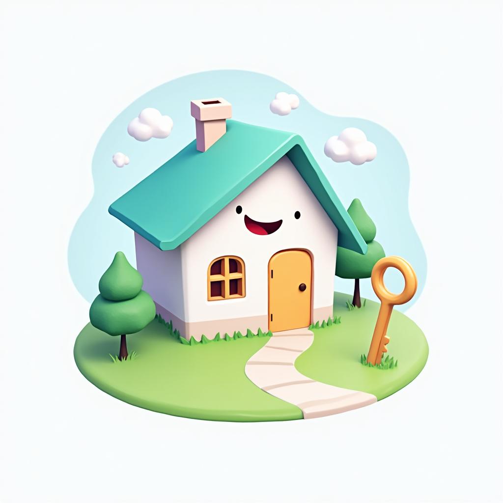An elegant and fun icon representing property management software, featuring a stylized house with a cheerful smile, surrounded by playful elements like a key and a small tree