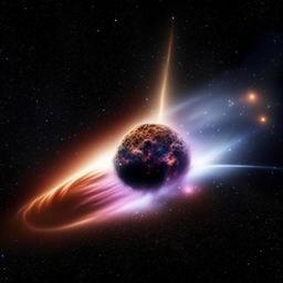 A mystic multicolored nebula nestled in the infinite darkness of space, with a lone planet orbiting a glowing white dwarf star. Meteor showers dance around like fireworks, signifying the celebration of the cosmos.