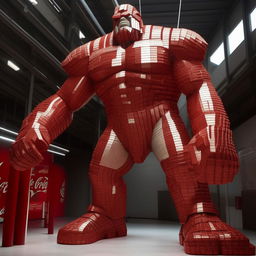 A colossal titan sculpted entirely out of shiny, red-and-white Coca-Cola cans. The titan stands tall and imposing, reflecting the light in a dramatic fashion.